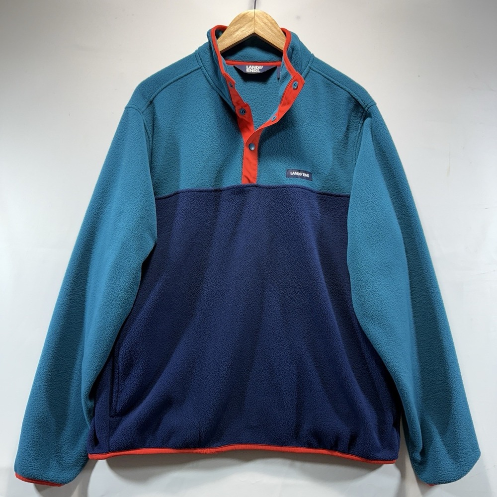 Lands End Jacket Men's L Fleece Pullover Navy Teal Long Sleeve Outdoor Sweater